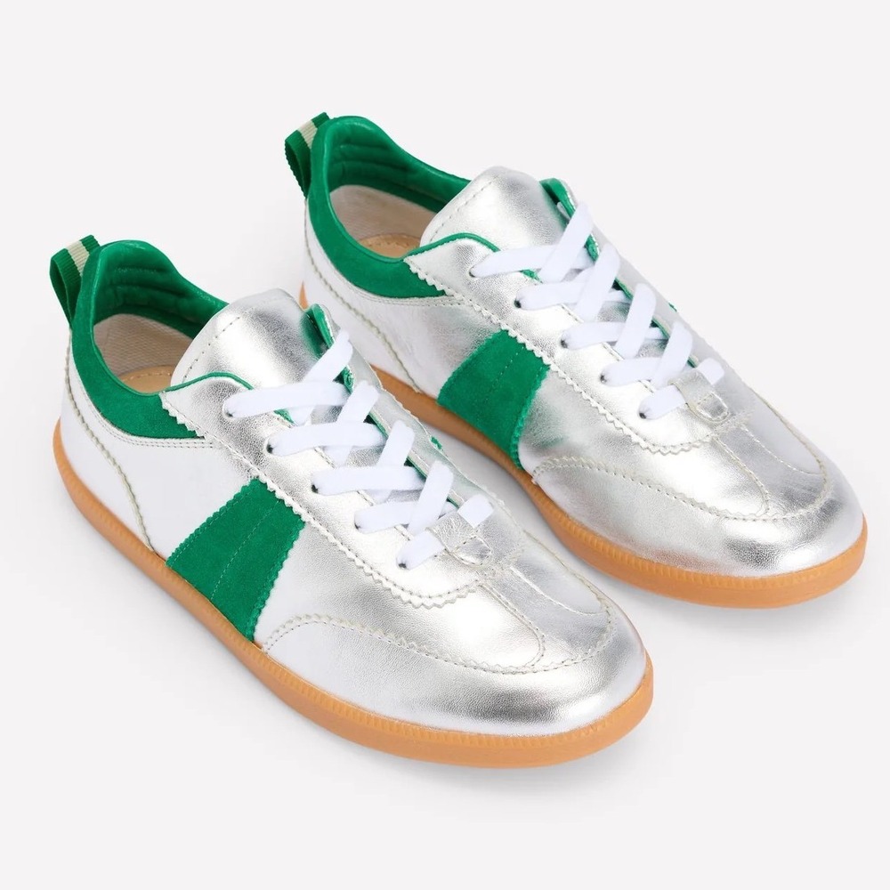 NWT Boden Retro Erin Tennis Trainer Sneakers‎ Silver Green Leather Suede EU 39